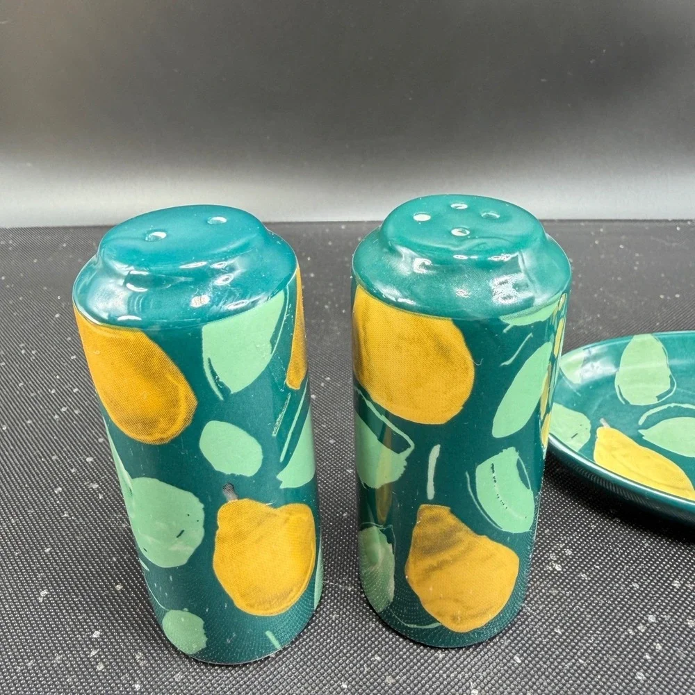 Anthropologie Pear Salt and Pepper Shakers with Tray Teal Green Yellow‎ Ceramic